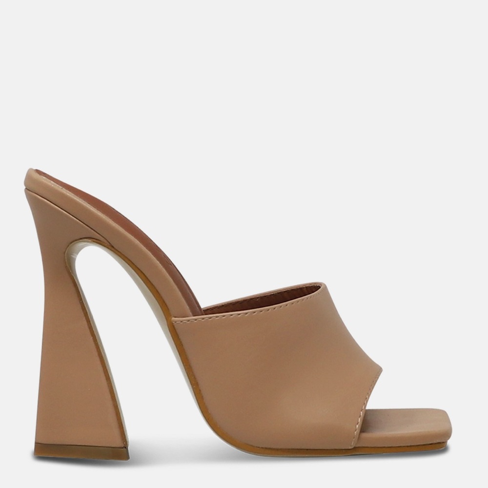 Kat Squared Open Toe Flared Heel Sandal Mule in Nude Faux Leather